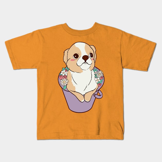 Cute Chihuahua dog in a bucket of flowers Kids T-Shirt by MariOyama